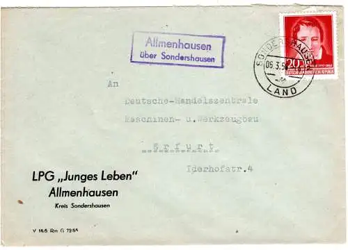 DDR 1956, Landpost Stpl. ALLMENHAUSEN über Sondershausen auf LPG Brief m. 20 Pf.