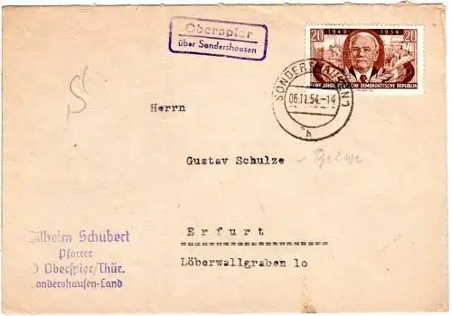 DDR 1954, Landpost Stpl. OBERSPIER über Sondershausen auf  Brief m. 20 Pf.