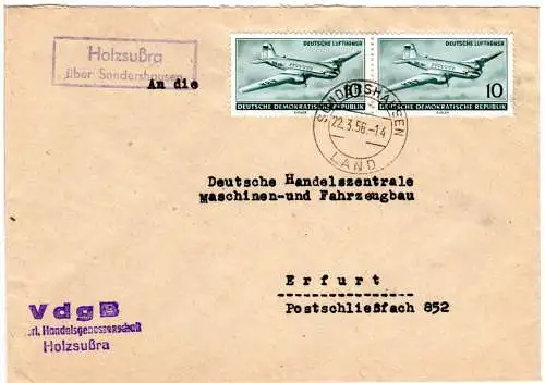 DDR 1956, Landpost Stpl. HOLZSUSSRA über Sondershausen auf Brief m. 2x10 Pf.