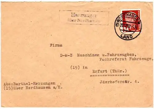 DDR 1952, Landpost Stpl. HARZUNGEN über Nordhausen auf Brief m. 24 Pf.
