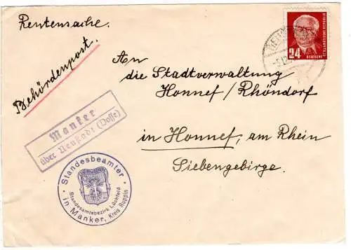 DDR 1950, Landpost Stpl. MANKER über Neustadt (Dosse) auf Brief m. 24 Pf.