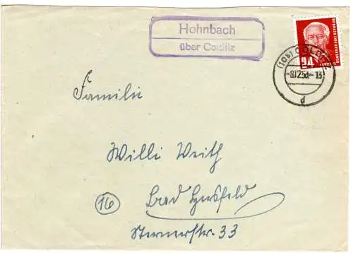 DDR 1953, Landpost Stpl. HOHNBACH über Colditz auf Brief m. 24 Pf.