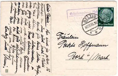 DR 1935, Landpost Stpl. ERHOLUNGSHEIM BELZIG über Belzig auf Karte m. 6 Pf.