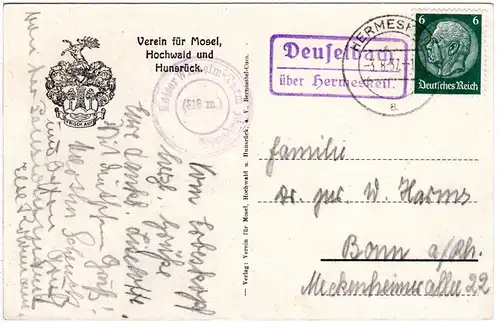 DR 1937, Landpost Stpl. DEUSELBACH über Hermeskeil auf Karte m. 6 Pf.