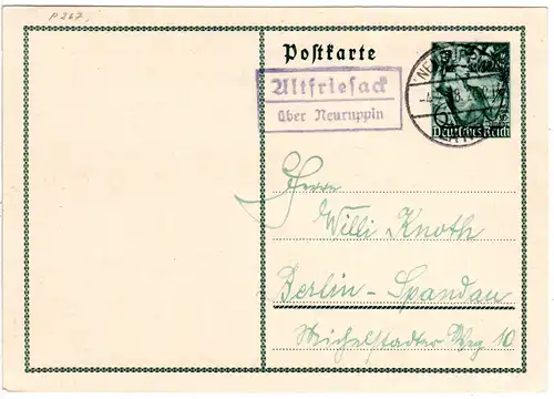 DR 1938, Landpost Stpl. ALTFRIESACK über Neuruppin auf  6 Pf. Ganzsache