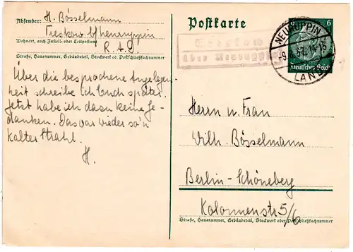 DR 1937, Landpost Stpl. TRESKOW über Neuruppin auf  6 Pf. Ganzsache