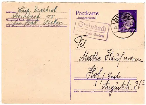 DR 1943, Landpost Stpl. STEINBACH über Bad Steben auf  6 Pf. Ganzsache