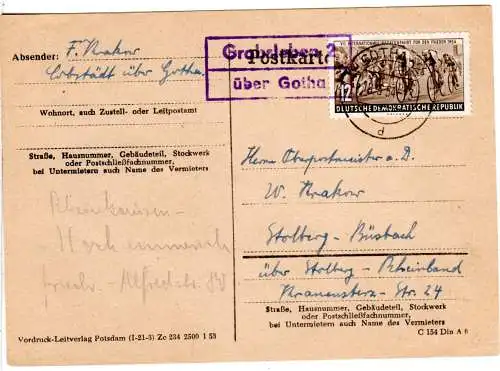 DDR 1954, Landpost Stpl. GRABSLEBEN 2 über Gotha auf Karte m. 12 Pf. 