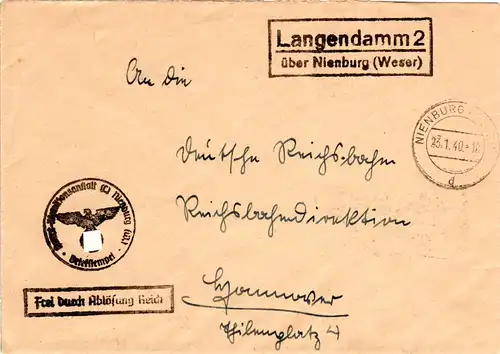DR 1940, Landpoststpl. LANGENDAMM 2 über Nienburg auf Frei durch Ablösung Brief
