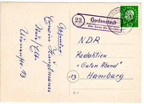 BRD 1961, Landpoststpl. 23 GODENSTEDT über Zeven auf Karte m. 10 Pf.