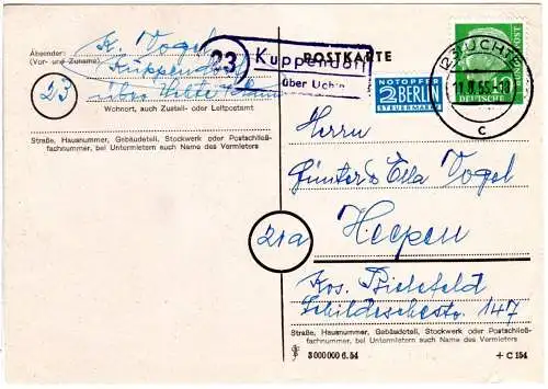 BRD 1955, Landpoststpl. 23 KUPPENDORF über Uchte auf Karte m. 10 Pf.