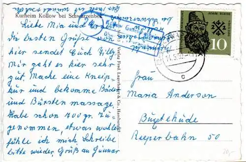 BRD 1959, Landpoststpl. 24a KOLLOW GENESUNGSHEIM über Schwarzenbek auf sw-AK 