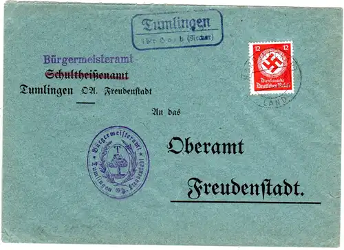 DR 1935, Landpost Stpl. TUMLINGEN über Horb auf Bürgermeister Brief m. 12 Pf.