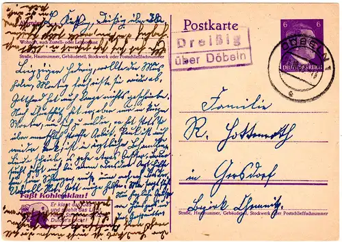 DR 1943, Landpost Stpl. DREISSIG über Döbeln auf 6 Pf. Kohlenklau Ganzsache.