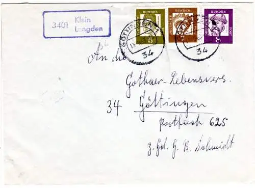 BRD 1963, Landpoststpl. 3401 Klein Lengden auf Brief m. 5+7+8 Pf gest. Göttingen