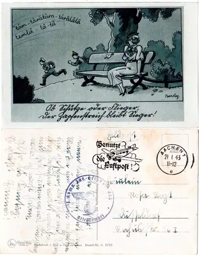 Dt. Feldpost WK II 1943, Soldaten Jux-AK v. Aachen m. Briefstempel