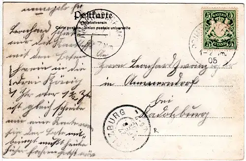 Bayern 1905, Reservestempel CADOLZBURG R als Ank.Stpl. auf AK v. Pommersfelden