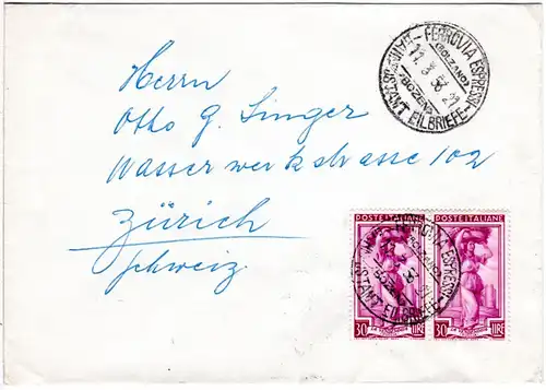 Italien 1953, 2sprachiger Stpl. Ferrovia Espressi Bolzano auf Brief m. 2x30 L.