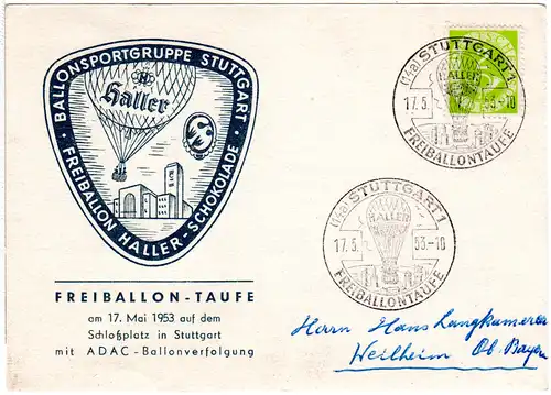 BRD 1953, 2 Pf. Posthorn auf Sonderkarte Haller Freiballon Taufe Stuttgart