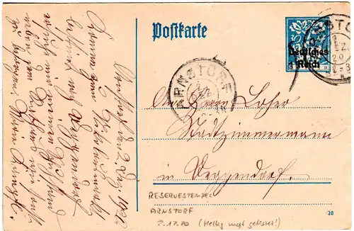 Bayern 1920, Reservestempel ARNSTORF R auf DR 30 Pf. Bayern Abschied Ganzsache