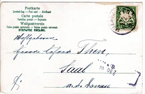 Bayern 1902, L2-Aushilfstpl. SAAL a/D. als Ank.Stpl. auf Karte v. München 