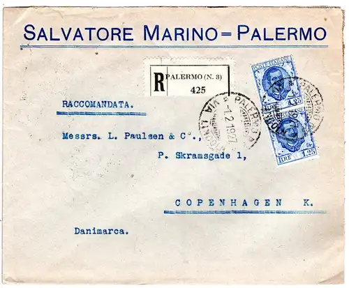 Italien 1927, Paar 1,25 L. auf Einschreiben Brief v. Palermo n. Dänemark.