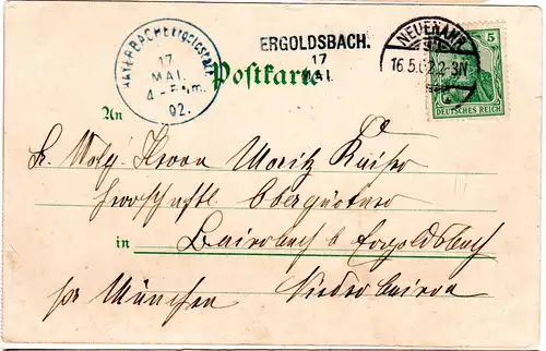 Bayern 1902, Aushilfstempel. ERGOLDSBACH als Ank.Stpl. auf Wiesbaden-AK