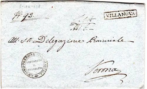 Lombardei u. Venetien 1828, R1 VILLANOVA klar auf schgönem Brief n. Verona.