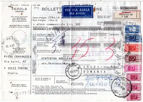 Italien 1972, Luftpost Paketkarte m. 8 Marken v. Torino n. Rumänien