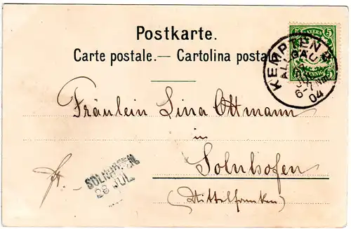 Bayern 1904, L2-Aushilfstpl. SOLNHOFEN als Ank.Stpl. auf Karte v. Kempten 2