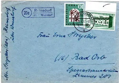 BRD 1957, Landpost Stpl. 20a REINSDORFüber Wunstorf auf Brief m. 2x10 Pf.