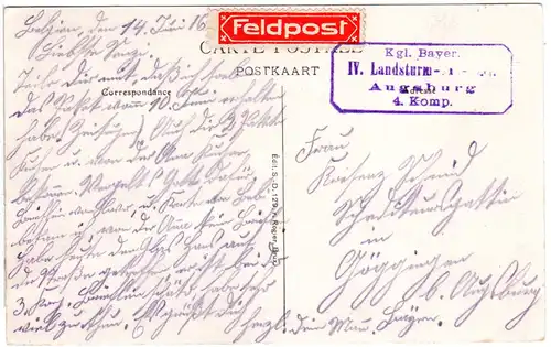 Bayern 1916, Feldpostkarte m. Briefstpl. Kgl. Bay. Landsturm-Abtlg. AUGSBURG