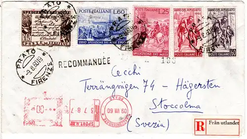 Italien 1960, Schweden Reko-Zettel auf Einschreiben Brief v. PRATO m. 5 Marken