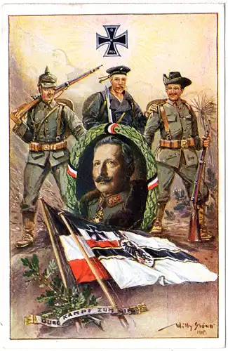 WK I, ungebr. Farb-AK m. Kaiser, Kolonial-, Matrosen- u. Infanterie-Kämpfern