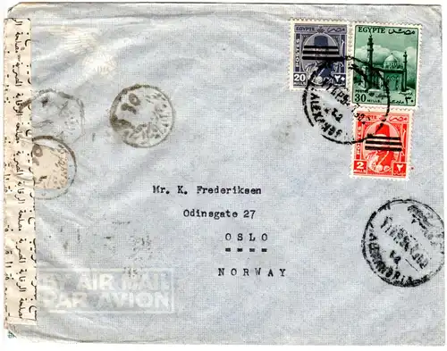 Ägypten 1950, Zensur Brief m. 3 Marken v. Alexandria n. Norwegen