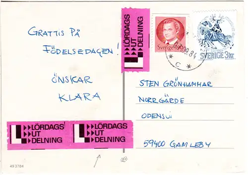 Schweden 1984, 1,90+3 Kr. auf Karte m. Wochenendzustellung. Lördagsutdelning.
