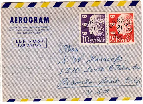 Schweden 1950 10+20 öre auf Aerogramm v. Garsas n. USA