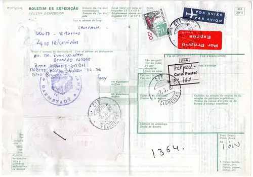 Portugal 1987, $50+2 Freistempeletiketten auf Express Paketkarte v. Felgueras