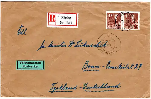 Schweden 1952, MeF Paar 45 öre auf Reko Brief n. Deutschland m. Devisenzensur