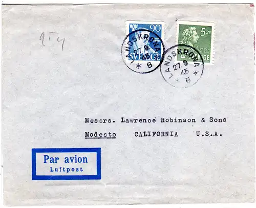 Schweden 1945, 90+5 öre auf Luftpost Brief v. Landskrona n. USA