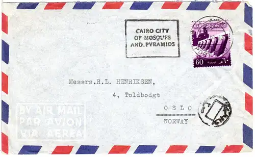 Ägypten 1961, 60 M. Assuan Staudamm auf Brief m. Werbestempel n. Norwegen