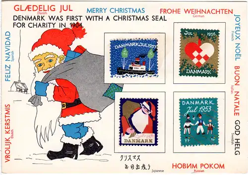 Dänemark, mehrsprachige Glaedelig Jul Weihnachten Karte m. 4 Christmas Seals