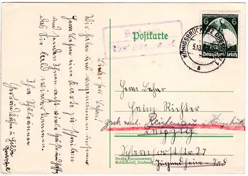 DR 1936, Landpoststempel REICHENAU über Königsbrück auf Karte m. 6 Pf.