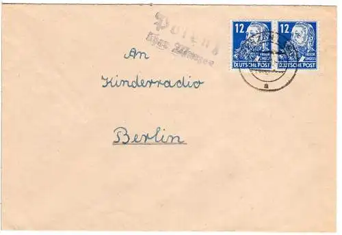 DDR 1950, Landpost Stpl. POLENZ über Wurzen auf Brief m. Paar 12 Pf.