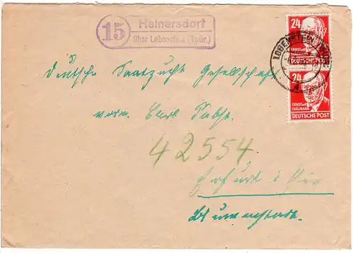 DDR 1950, Landpost Stpl. HEINERSDORF über Lobenstein auf Brief m. Paar 24 Pf.