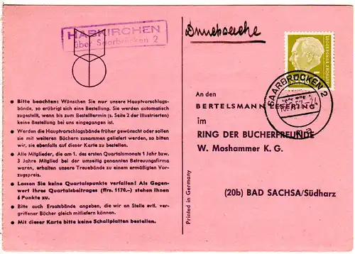 Saarland 1957, Landpost Stpl. HABKIRCHEN über Saarbrücken 2 auf Karte m. 5 F.