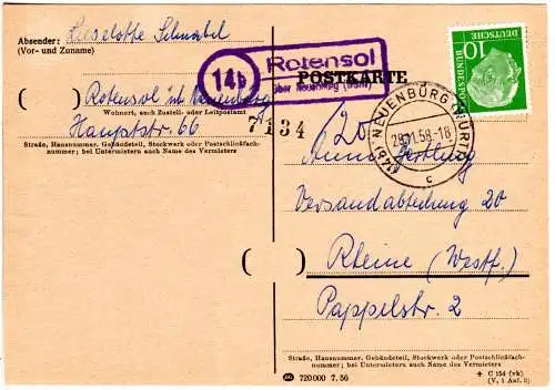 BRD 1958, Landpoststpl. ROTENSOL über Neuenbürg auf Karte m. 10 Pf. Heuss.