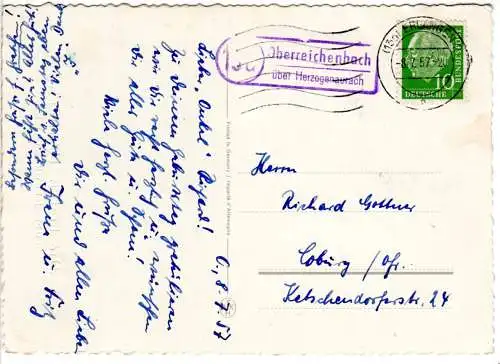 BRD 1957, Landpoststpl. OBERREICHENBACH über Herzogenaurach auf Karte m. 10 Pf.
