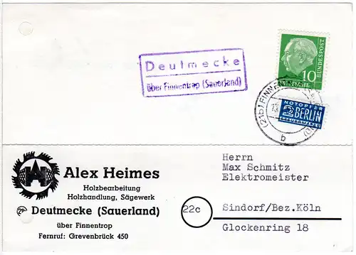 BRD 1955, Landpoststpl. DEUTMECKE über Finnentrop auf Firmen Karte m. 10 Pf. 
