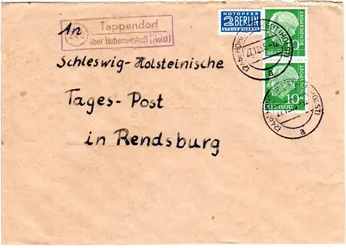 BRD 1955, Landpoststpl. 24b TAPPENDORF über Hohenwested auf Brief m. Paar 10 Pf 